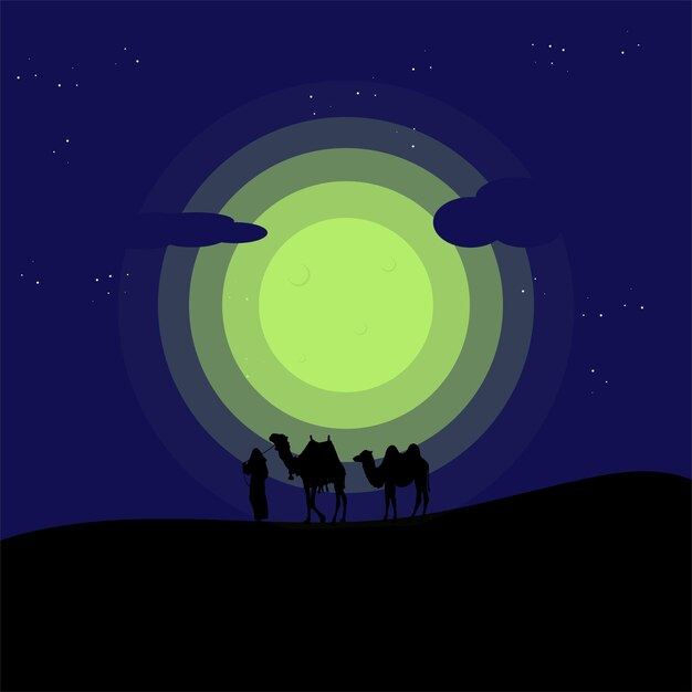 vector illustration of a camel herder at night