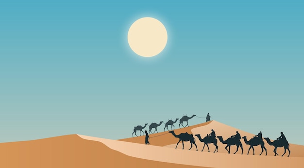 사막의 모래 언덕을 따라 걷는 낙타 캐러밴의 벡터 그림
