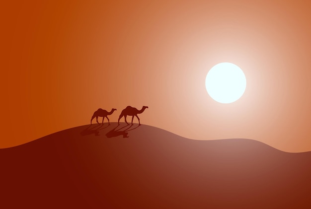 Vector vector illustration of caravan in a desert