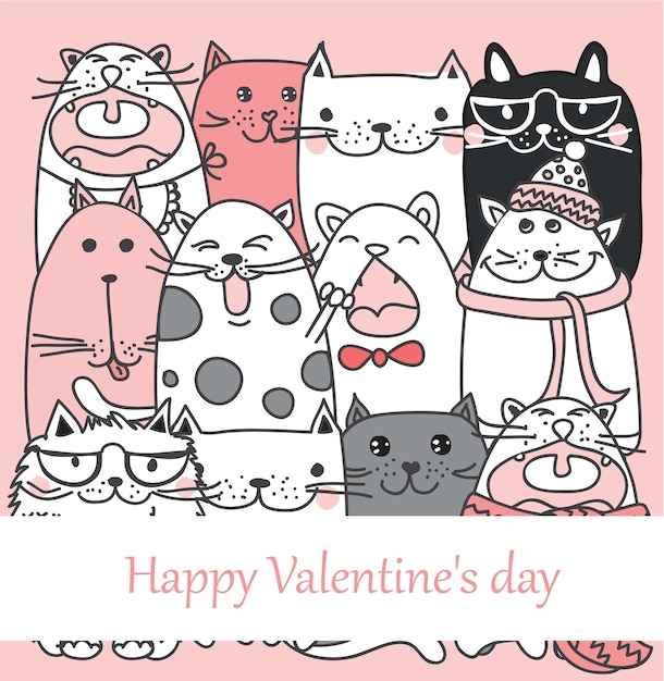 Vector illustration card with cute cartoon little Valentine cats in love and greeting text Happy Valentine's Day