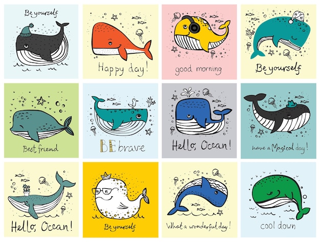 Vector vector illustration cards with cute doodle ocean inhabitans whales in color and funny motavation quote