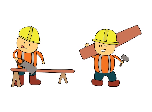 vector Illustration of carpenter sawing a log and the other carrying a wood board in a cartoon style