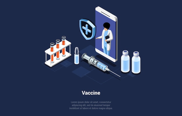 Vector vector illustration in cartoon 3d style. isometric composition on dark background with text and characters. vaccine concept. healthy lifestyle medical help, doctor observe, protection of immune system