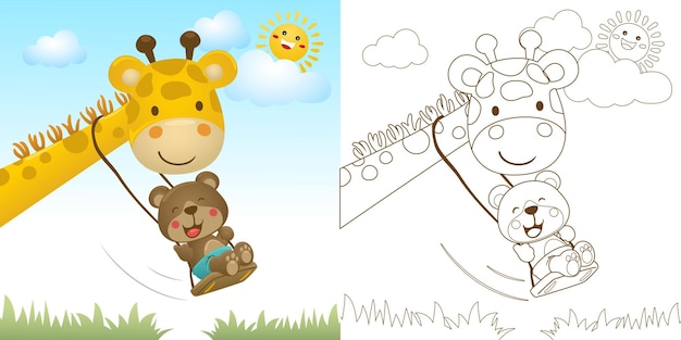 Векторная иллюстрация мультяшного медведя, играющего на качелях на шее жирафа. Раскраска или страница для детей