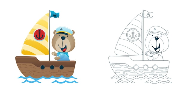 Illustrazione vettoriale dell'orso cartone animato su barca a vela libro da colorare o pagina per bambini