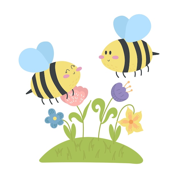 Vector vector illustration of a cartoon bee among flowers