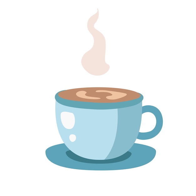 vector illustration of a cartoon blue cup with hot coffee isolated on a white background