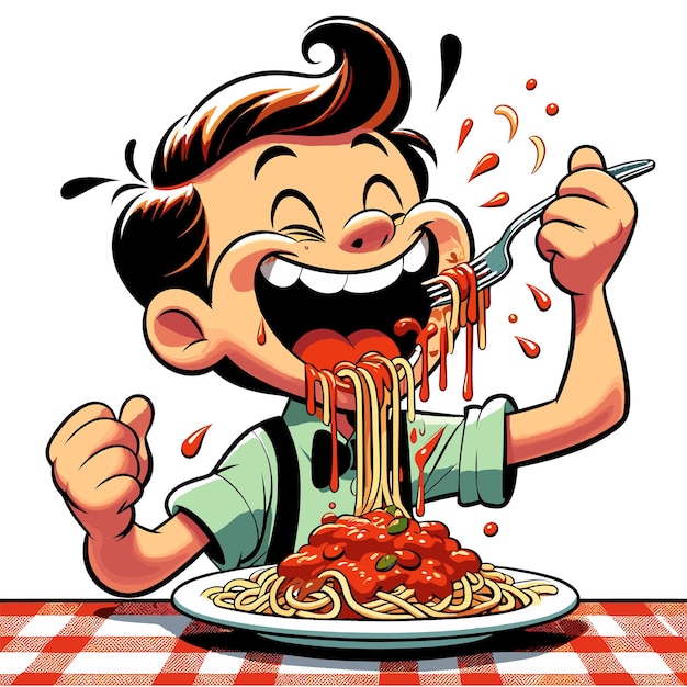 Illustrazione vettoriale di un ragazzo di cartoni animati che sorbe un piatto di spaghetti gioia dell'avvento del cibo infantile