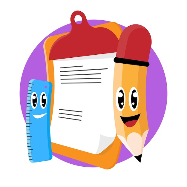 Vector vector illustration cartoon character of a pencil ruler and clipboard