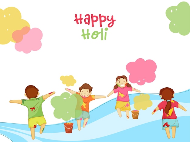 Vector illustration of cartoon children celebrating holi festival together and color falling from bucket on white background