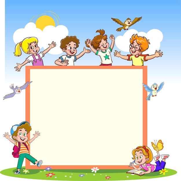 Vector illustration cartoon of children holding blank sign banner. ad template.