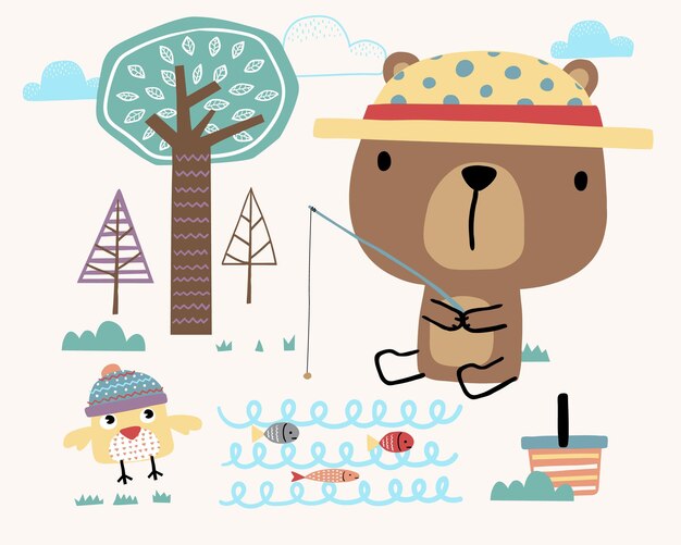 Vector vector illustration of cartoon cute bear with little bird fishing in the woods