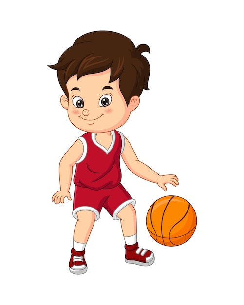 Векторная иллюстрация мультфильм милый маленький мальчик играет в баскетбол