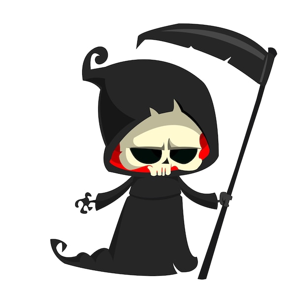 Vector illustration of cartoon death Halloween monster mascot isolated on dark background Cute cartoon grim reaper