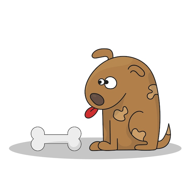 Vector illustration of Cartoon Dog with bone. Happy cartoon puppy sitting, cute little dog