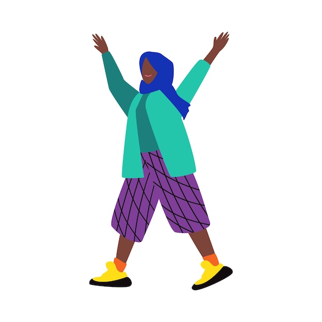 Vector illustration of cartoon ethnic female character in colorful clothes and traditional headscarf raising arms and smiling happily isolated on white background