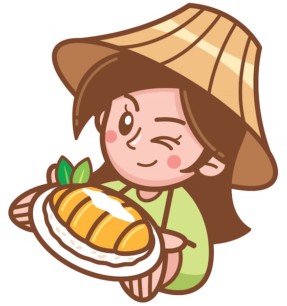 Vector illustration of Cartoon Female presenting Mango sticky rice 