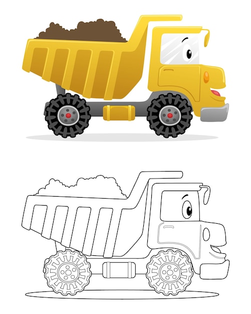 Vector illustration of cartoon funny dump truck coloring book or page for kids