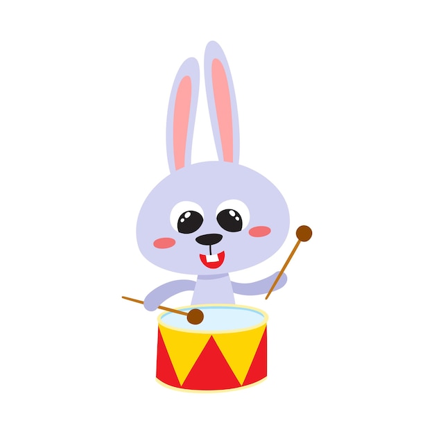 Vector illustration of cartoon funny hare cute funny animal rabbit with drums