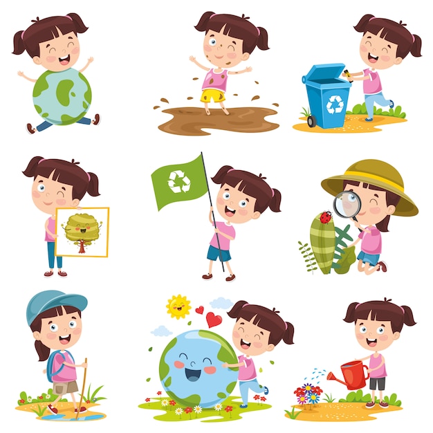 Vector illustration of cartoon girl doing various activities