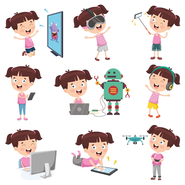 Vector vector illustration of cartoon girl doing various activities