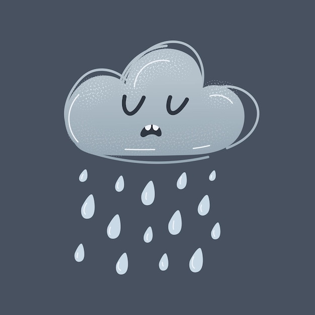 Vector vector illustration of cartoon grey cloud with sad faces raining.