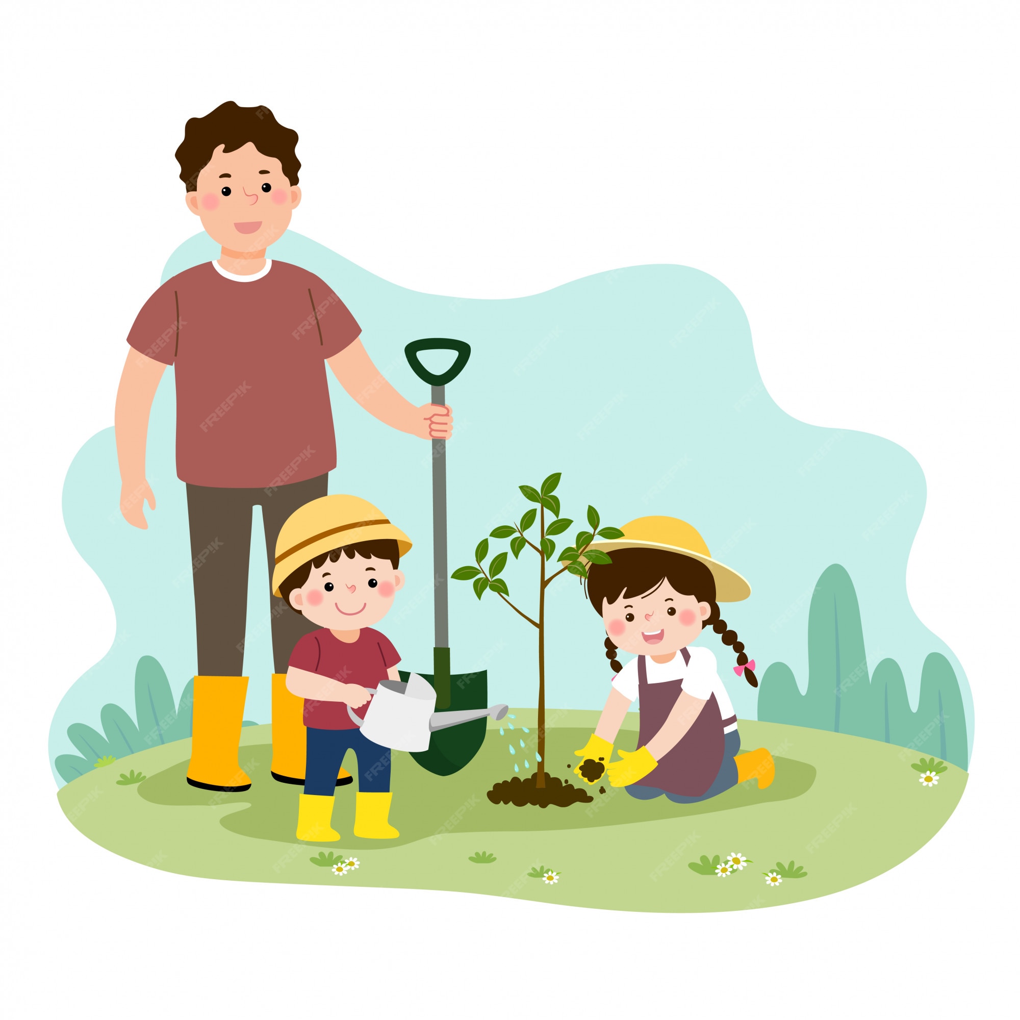 Premium Vector | Vector illustration of a cartoon happy children helping  their father planting the young tree.