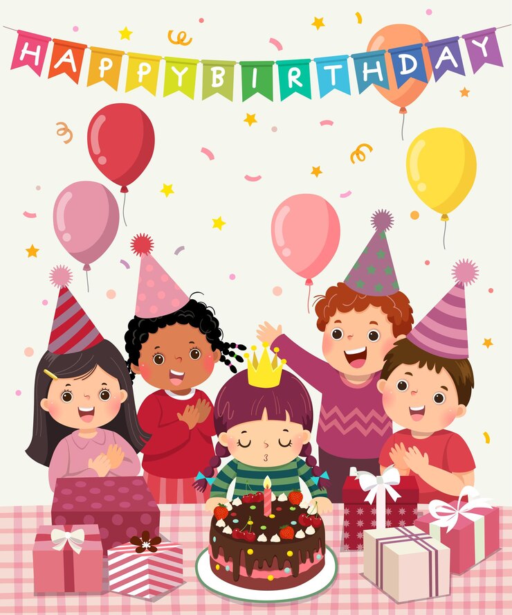 Vector 생일 파티에서 즐거운 시간을 보내는 아이들의 행복한 그룹의 벡터 그림 만화
