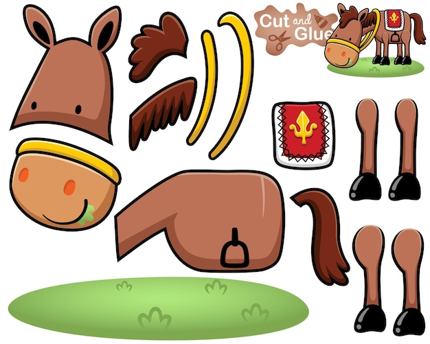 Vector vector illustration of cartoon horse with paddle eating grass cutout and gluing