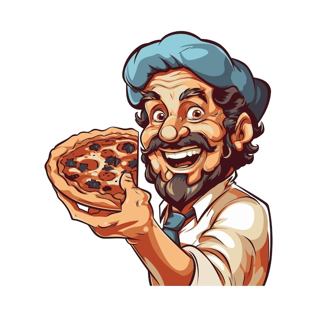 Vettore illustrazione vettoriale di un cuoco italiano cartone animato con una pizza in mano