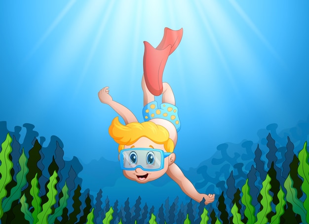 Vector vector illustration of cartoon kid diving underwater