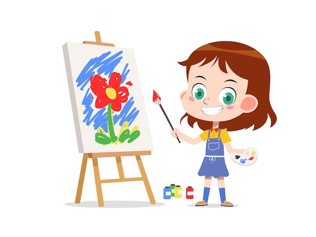 Vector illustration of a cartoon kid girl painting a flower in a canvas with a paint brush