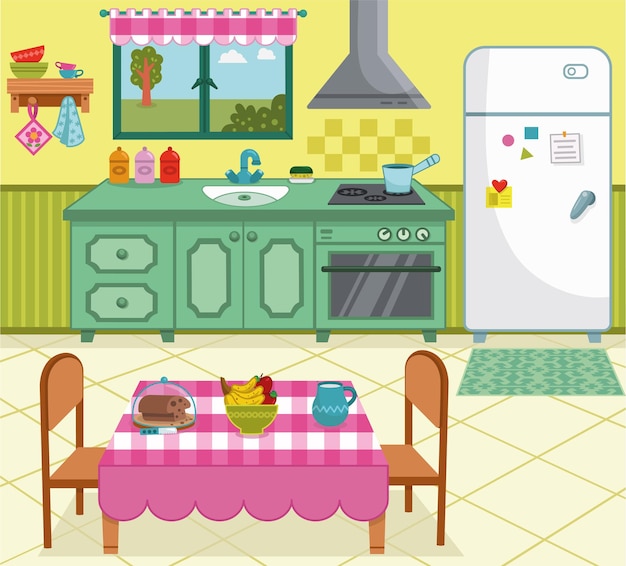 Illustrazione vettoriale di una cucina di cartone animato per uso generale