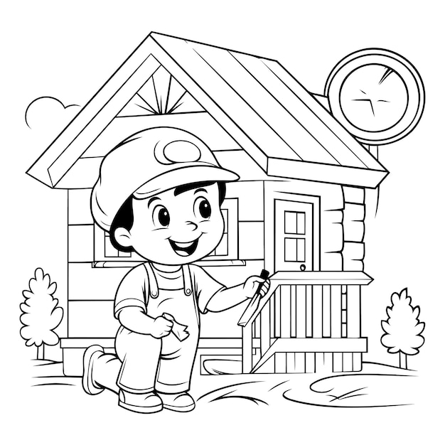 Векторная иллюстрация мультфильма Маленький мальчик рисует деревянный дом Черно-белый рисунок