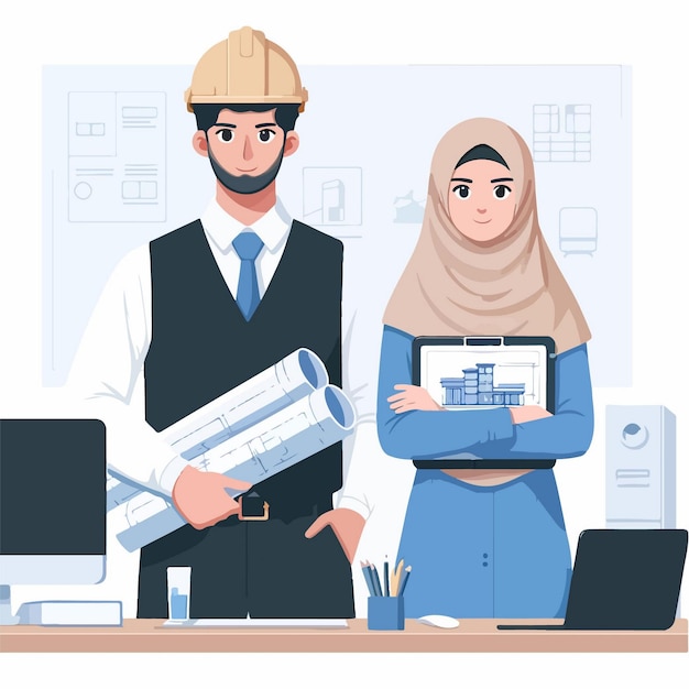 Vector vector illustration cartoon male and female muslim architect