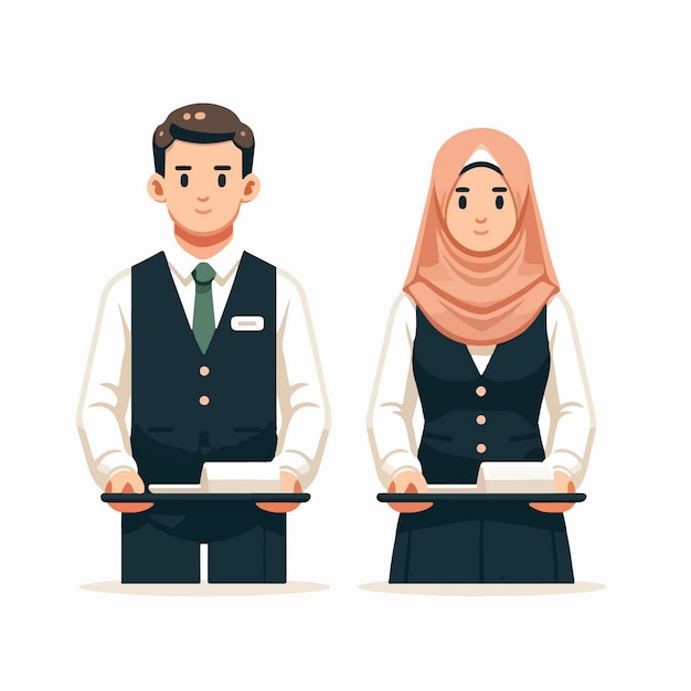 vector illustration cartoon male and female muslim waiter