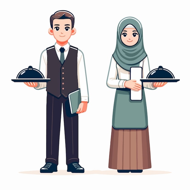 vector illustration cartoon male and female muslim waiter