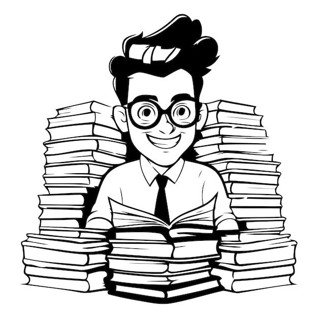 Vector vector illustration of a cartoon man with glasses and a stack of books