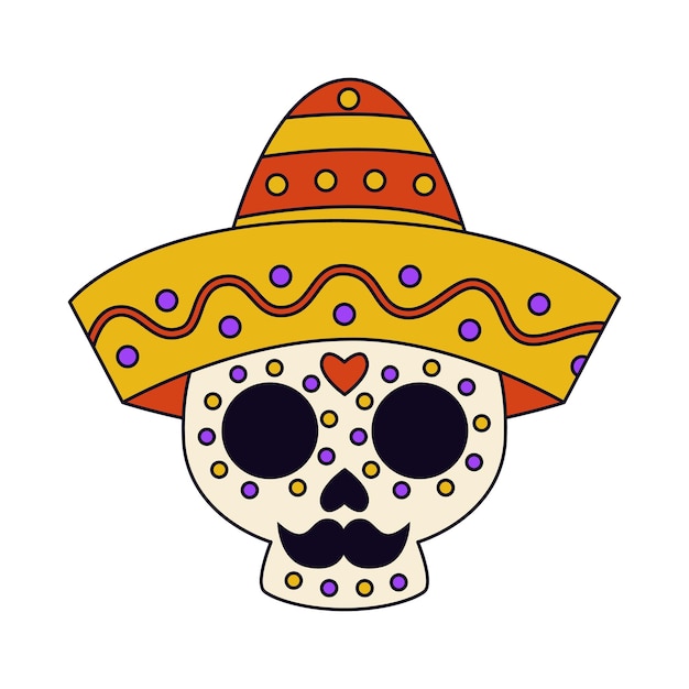 Vector illustration of cartoon Mexican skull in hat on white background