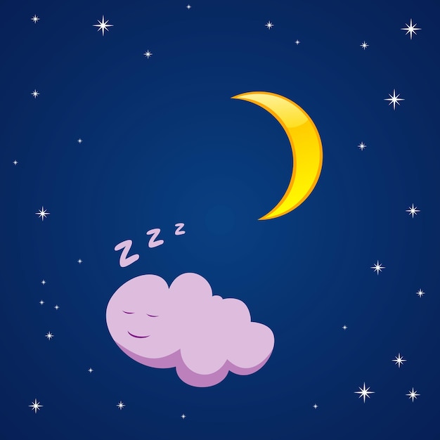 Vector illustration of cartoon moon and sleeping cloud in the sky