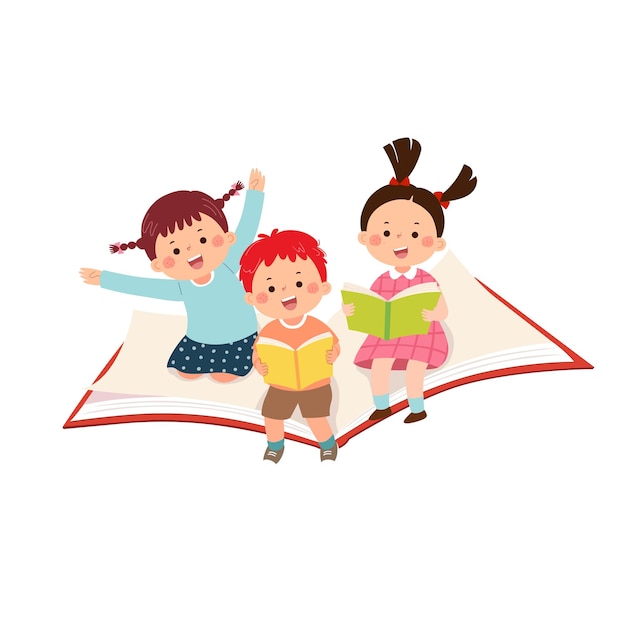 ベクトル 白い背景の上の本の上を飛んで幸せな子供のベクトル イラスト漫画