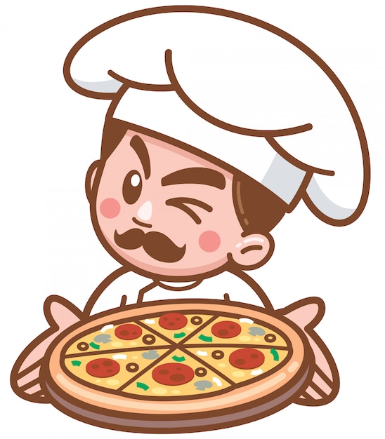 Vettore illustrazione vettoriale di cartoon pizza chef che presenta cibo