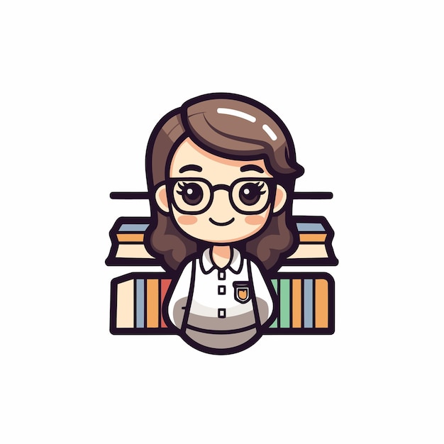 Vector illustration of cartoon schoolgirl in eyeglasses and books