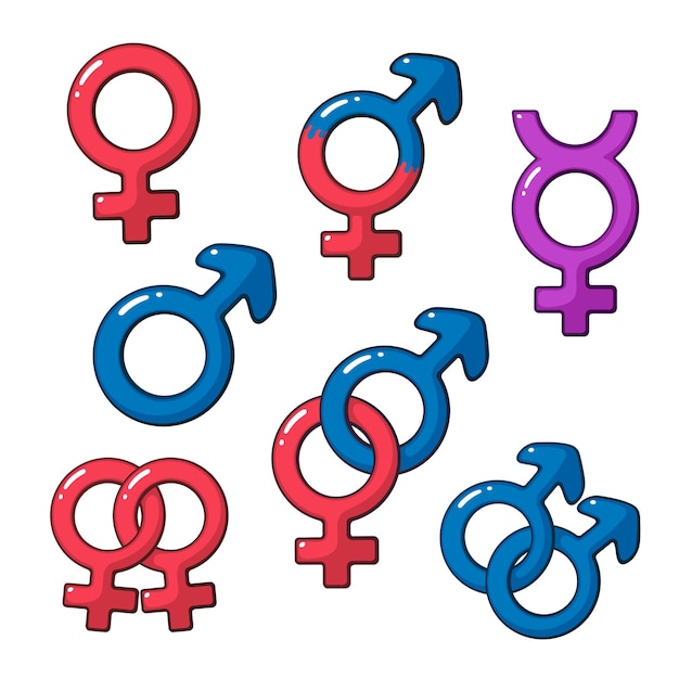 Vector illustration Cartoon set of gender symbols Cartoon style with contour