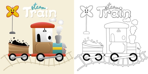 Illustrazione vettoriale del treno a vapore dei cartoni animati con cartello ferroviario libro da colorare o pagina per bambini