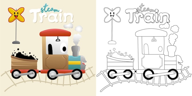 Vector illustration of cartoon steam train with railway sign coloring book or page for kids