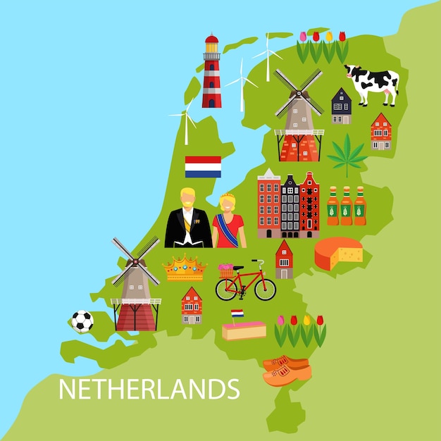 Vector illustration in cartoon style with symbols of Netherlands. Holland map