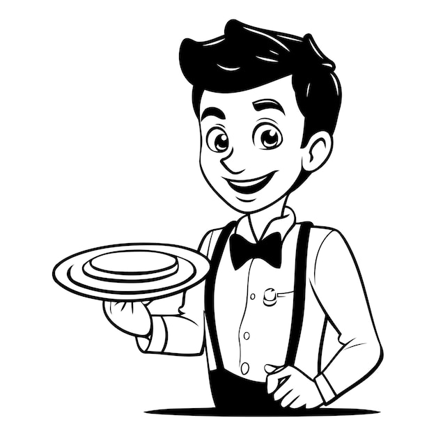 Vettore illustrazione vettoriale di un cameriere di cartoni animati che tiene un vassoio con un piatto