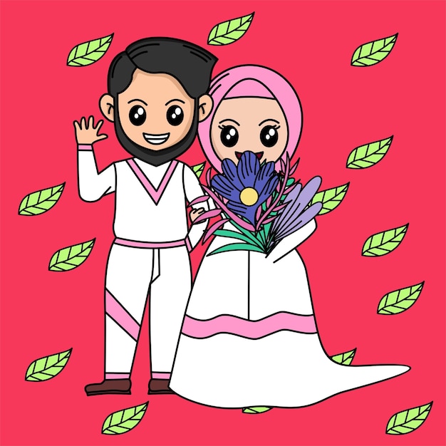 Векторная иллюстрация мультяшной свадьбы с темой растений и цветов