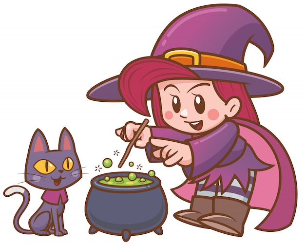 Vector illustration of cartoon witch and black cat with cauldron